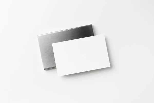 Caixa Aço Inoxidável Para Cartões Visita Isolados Fundo Branco Para — Fotografia de Stock