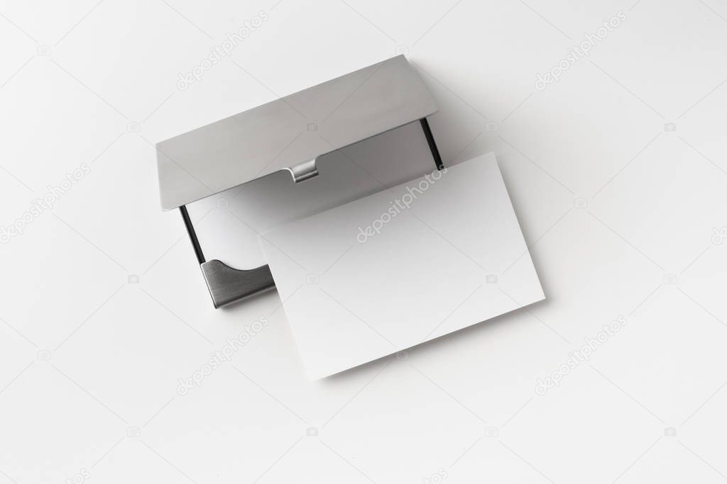 Stainless steel case for business cards isolated on white background for mockup.