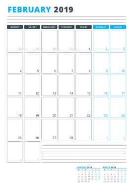 Takvim şablonu Ocak 2019. İş planlayıcısı şablonu. İleti örneği tasarımı. Hafta Pazartesi günü başlar. Dikey yönlendirmeli. Vektör çizim