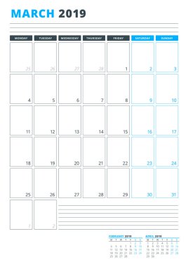 Takvim şablonu Mart 2019. İş planlayıcısı şablonu. İleti örneği tasarımı. Hafta Pazartesi günü başlar. Dikey yönlendirmeli. Vektör çizim