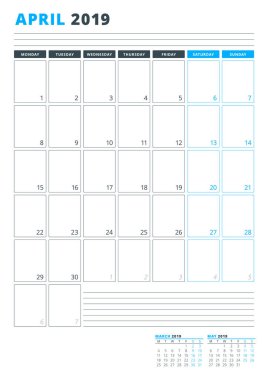 Takvim şablonu Nisan 2019. İş planlayıcısı şablonu. İleti örneği tasarımı. Hafta Pazartesi günü başlar. Dikey yönlendirmeli. Vektör çizim