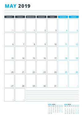 Takvim şablonu Mayıs 2019. İş planlayıcısı şablonu. İleti örneği tasarımı. Hafta Pazartesi günü başlar. Dikey yönlendirmeli. Vektör çizim