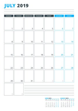 Takvim şablonu Temmuz 2019. İş planlayıcısı şablonu. İleti örneği tasarımı. Hafta Pazartesi günü başlar. Dikey yönlendirmeli. Vektör çizim