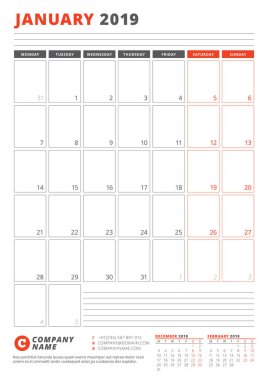 Takvim şablonu Ocak 2019. İş planlayıcısı şablonu. İleti örneği tasarımı. Hafta Pazartesi günü başlar. Dikey yönlendirmeli. Vektör çizim