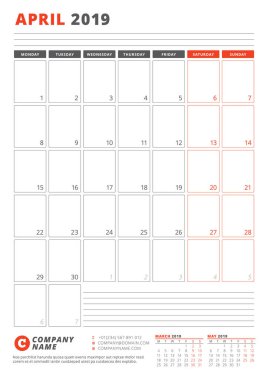 Takvim şablonu Nisan 2019. İş planlayıcısı şablonu. İleti örneği tasarımı. Hafta Pazartesi günü başlar. Dikey yönlendirmeli. Vektör çizim