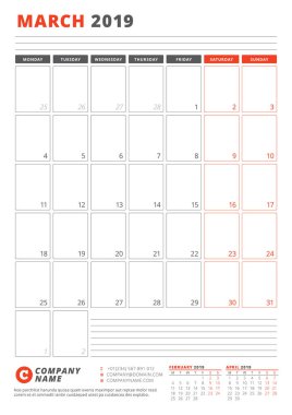 Takvim şablonu Mart 2019. İş planlayıcısı şablonu. İleti örneği tasarımı. Hafta Pazartesi günü başlar. Dikey yönlendirmeli. Vektör çizim