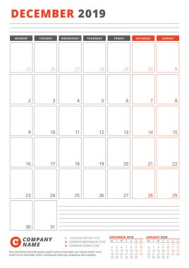 Takvim şablonu Aralık 2019. İş planlayıcısı şablonu. İleti örneği tasarımı. Hafta Pazartesi günü başlar. Dikey yönlendirmeli. Vektör çizim