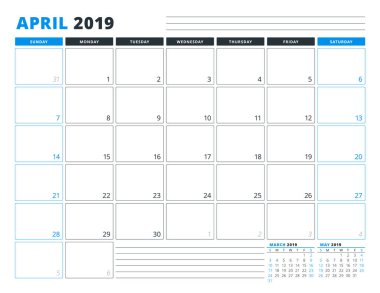 Takvim şablonu Nisan 2019. İş planlayıcısı şablonu. İleti örneği tasarımı. Hafta Pazar günü başlar. Yatay yönlendirmeye. Vektör çizim