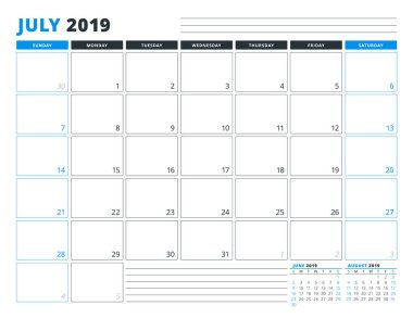 Takvim şablonu Temmuz 2019. İş planlayıcısı şablonu. İleti örneği tasarımı. Hafta Pazar günü başlar. Yatay yönlendirmeye. Vektör çizim