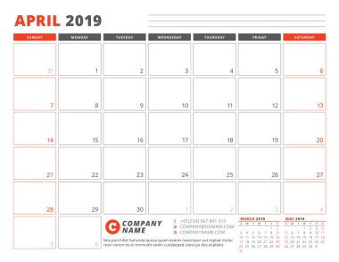 Takvim şablonu Nisan 2019. İş planlayıcısı şablonu. İleti örneği tasarımı. Hafta Pazar günü başlar. Yatay yönlendirmeye. Vektör çizim