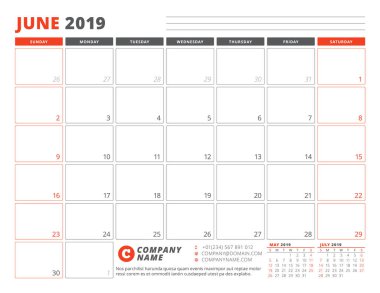 Takvim şablonu Haziran 2019. İş planlayıcısı şablonu. İleti örneği tasarımı. Hafta Pazar günü başlar. Yatay yönlendirmeye. Vektör çizim