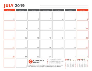 Takvim şablonu Temmuz 2019. İş planlayıcısı şablonu. İleti örneği tasarımı. Hafta Pazar günü başlar. Yatay yönlendirmeye. Vektör çizim