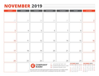 Takvim şablonu Kasım 2019. İş planlayıcısı şablonu. İleti örneği tasarımı. Hafta Pazar günü başlar. Yatay yönlendirmeye. Vektör çizim