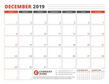 Takvim şablonu Aralık 2019. İş planlayıcısı şablonu. İleti örneği tasarımı. Hafta Pazar günü başlar. Yatay yönlendirmeye. Vektör çizim