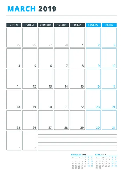 Szablon Kalendarza Marca 2019 Szablon Planowania Biznesowego Projektowanie Papeterii Tydzień — Wektor stockowy