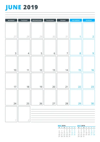 Szablon Kalendarza Dla Czerwca 2019 Szablon Planowania Biznesowego Projektowanie Papeterii — Wektor stockowy