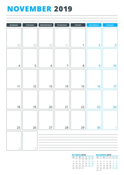 Szablon Kalendarza Listopadzie 2019 Szablon Planowania Biznesowego Projektowanie Papeterii Tydzień — Wektor stockowy