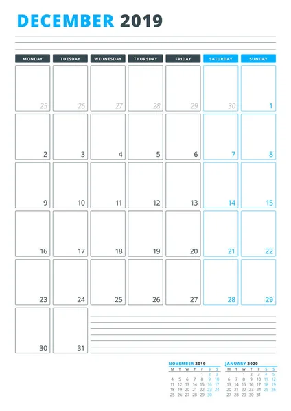 Modelo Calendário Para Dezembro 2019 Modelo Planejador Negócios Desenho Papelaria —  Vetores de Stock