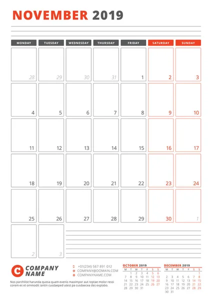 Calendar Template November 2019 Business Planner Template Stationery Design Week — Stock Vector