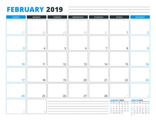 Шаблон Календаря Февраль 2019 Года Канцелярский Дизайн Неделя Начинается Воскресенье — стоковый вектор