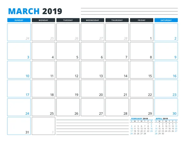Szablon Kalendarza Marca 2019 Szablon Planowania Biznesowego Projektowanie Papeterii Tydzień — Wektor stockowy