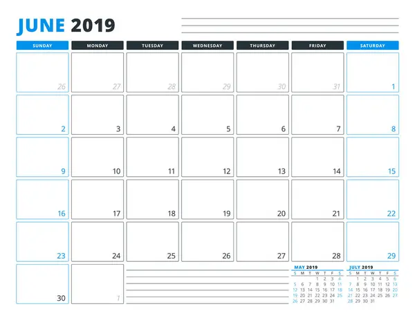 Шаблон Календаря Июнь 2019 Года Канцелярский Дизайн Неделя Начинается Воскресенье — стоковый вектор