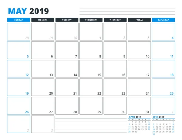 Szablon Kalendarza Dla Maja 2019 Szablon Planowania Biznesowego Projektowanie Papeterii — Wektor stockowy