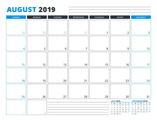 Szablon Kalendarza Dla Sierpnia 2019 Szablon Planowania Biznesowego Projektowanie Papeterii — Wektor stockowy