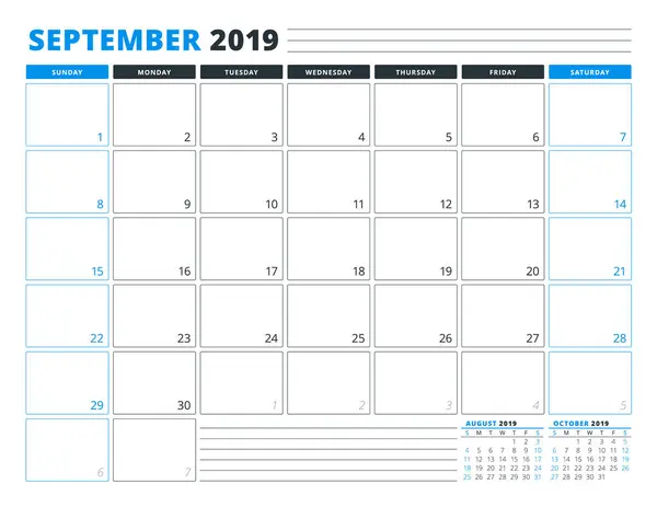 Шаблон Календаря Сентябрь 2019 Года Канцелярский Дизайн Неделя Начинается Воскресенье — стоковый вектор