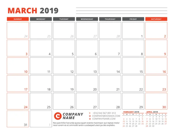 Plantilla Calendario Para Marzo 2019 Plantilla Planificador Negocios Diseño Papelería — Vector de stock