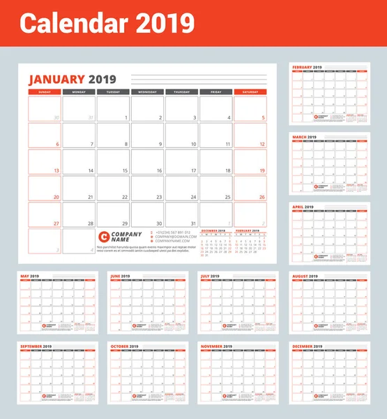 Modelo Calendário Para 2019 Ano Modelo Business Planner Desenho Papelaria —  Vetores de Stock