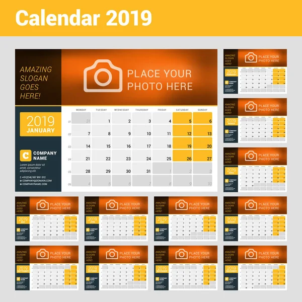 Masa Takvimi 2019 yıl için. Vektör tasarım fotoğraf, Logo ve iletişim bilgileri için yer yazdırma şablonu. Hafta Pazartesi günü başlar. Hafta numaralarını ve notlar için yer ile takvim Kılavuzu