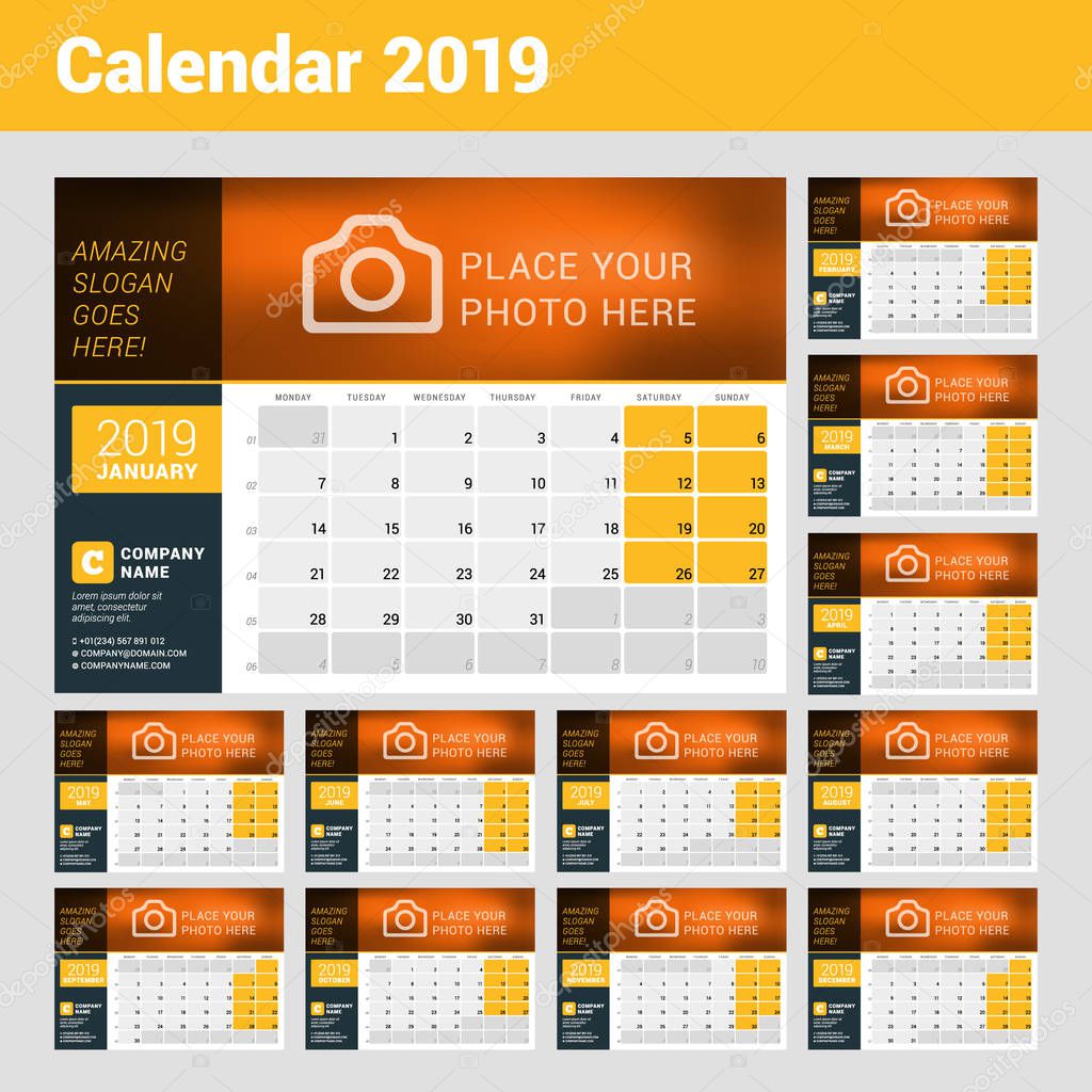 Desk Calendar for 2019 Year. Vector Design Print Template with Place for Photo, Logo and Contact Information. Week Starts on Monday. Calendar Grid with Week Numbers and Place for Notes