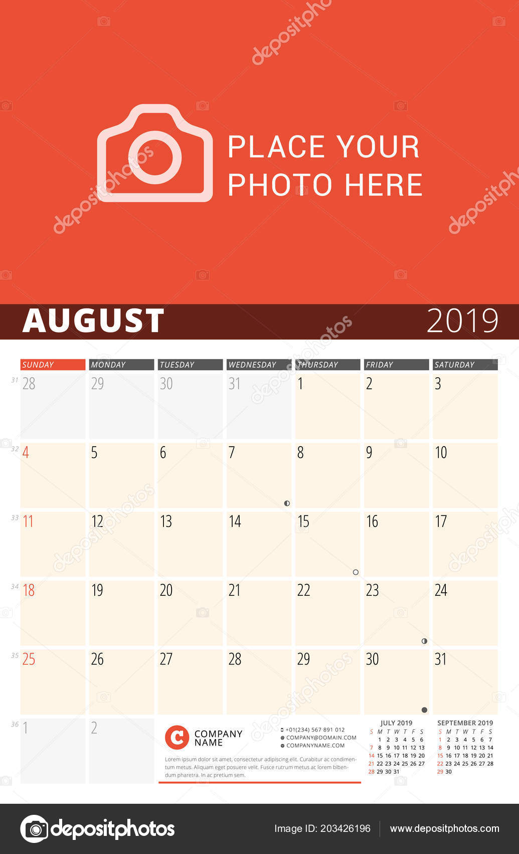 Vector Print Year Planner Calendar Design ... Template Wall 2019