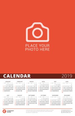 2019 yılı takvim poster. Vektör tasarım yer için fotoğraf yazdırma şablonu. Hafta Pazartesi günü başlar.