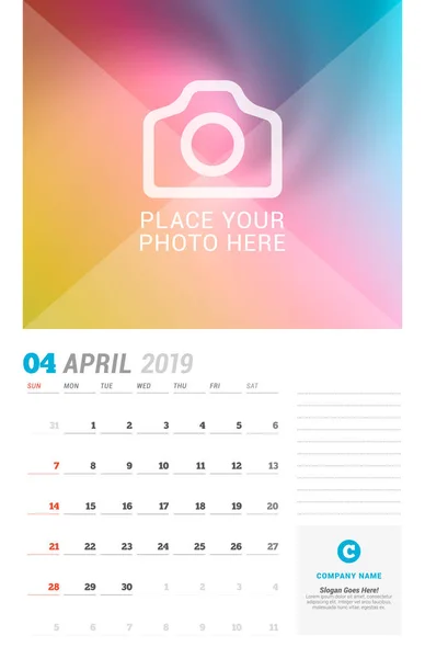 Abril 2019 Plantilla Planificador Calendario Pared Plantilla Impresión Diseño Vectorial — Vector de stock