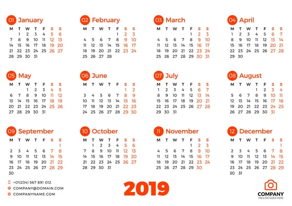 Simple Calendar Template 2019 Year Week Starts Monday Vector Illustration — Stock Vector