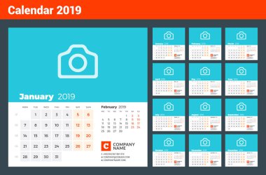 2019 yıl için takvim. Hafta Pazartesi günü başlar. 12 sayfa kümesi. Vektör tasarım yazdırma şablonu ile fotoğraf ve şirket bilgi için