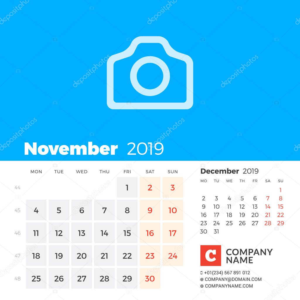 November 2019. Calendar for 2019 year. Week starts on Monday. 2 months on page. Vector design print template with place for photo and company information