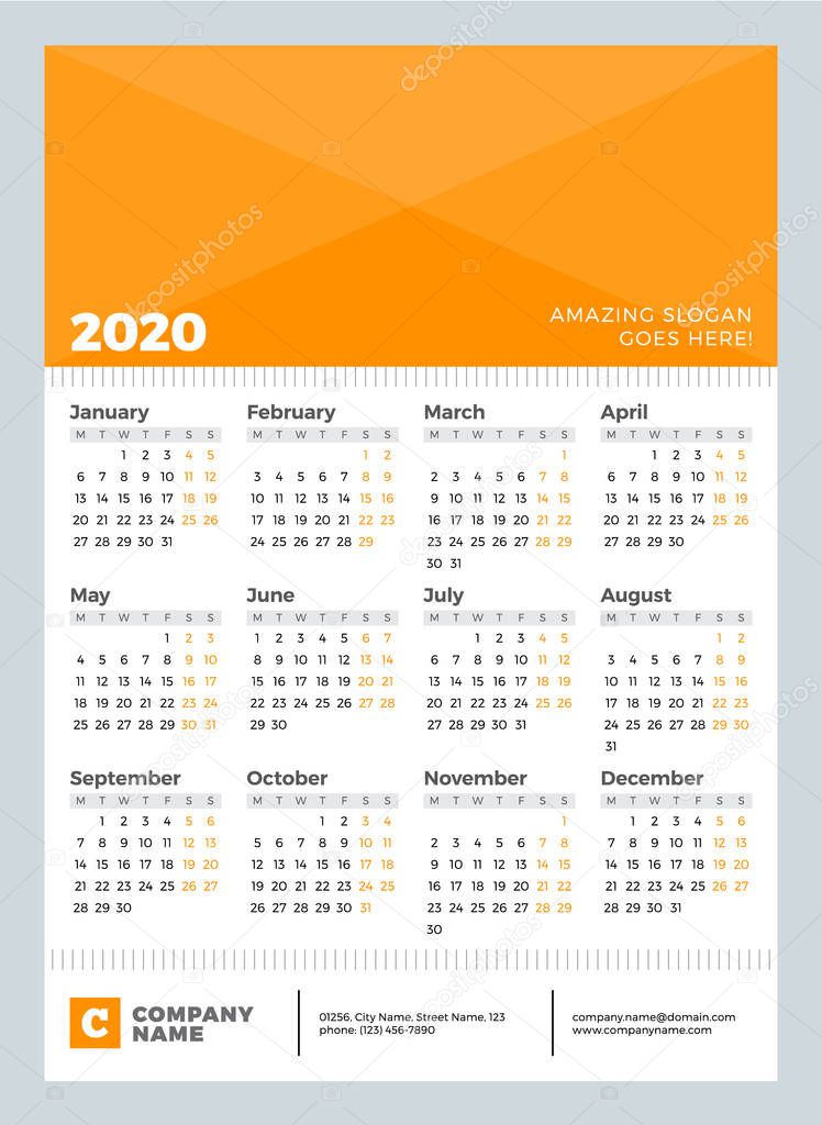 Calendar for 2020 year. Week starts on Monday. Vector design calendar template for poster, flayer, card