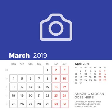 Mart 2019 Resepsiyon takvim sayfası. Hafta Pazartesi günü başlar. Vektör tasarım yazdırma şablonu