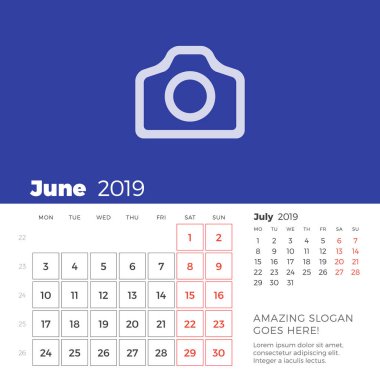 Haziran 2019 Resepsiyon takvim sayfası. Hafta Pazartesi günü başlar. Vektör tasarım yazdırma şablonu