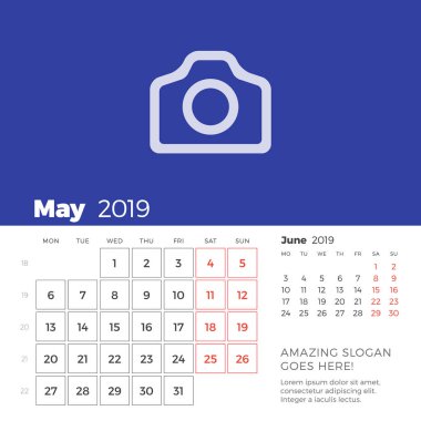 Mayıs 2019 Resepsiyon takvim sayfası. Hafta Pazartesi günü başlar. Vektör tasarım yazdırma şablonu