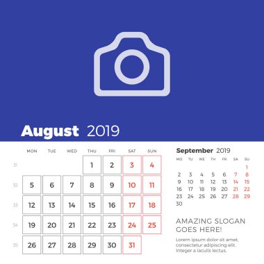 Ağustos 2019 Resepsiyon takvim sayfası. Hafta Pazartesi günü başlar. Vektör tasarım yazdırma şablonu