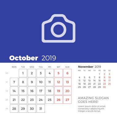 Ekim 2019 Resepsiyon takvim sayfası. Hafta Pazartesi günü başlar. Vektör tasarım yazdırma şablonu