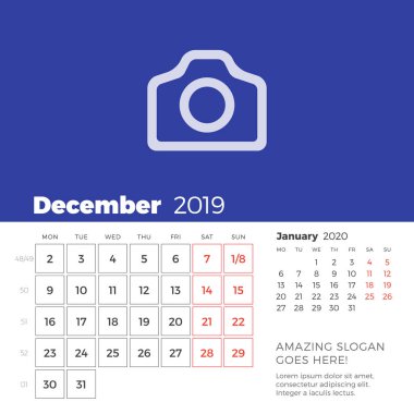 Aralık 2019 Resepsiyon takvim sayfası. Hafta Pazartesi günü başlar. Vektör tasarım yazdırma şablonu