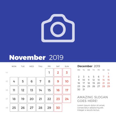 Kasım 2019 Resepsiyon takvim sayfası. Hafta Pazartesi günü başlar. Vektör tasarım yazdırma şablonu