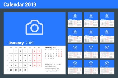 Masa Takvimi 2019 yıl için. Hafta Pazartesi günü başlar. Vektör tasarım yazdırma şablonu