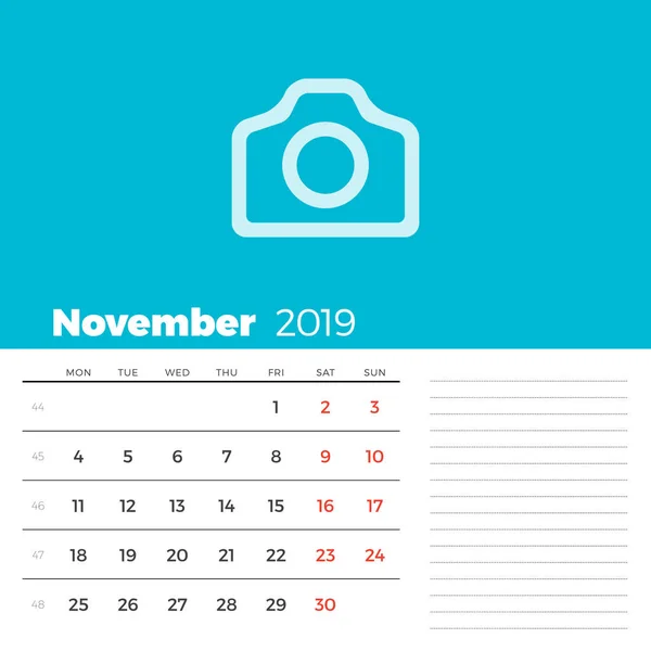 Calendrier Bureau Novembre 2019 Semaine Commence Lundi Modèle Impression Vectoriel — Image vectorielle