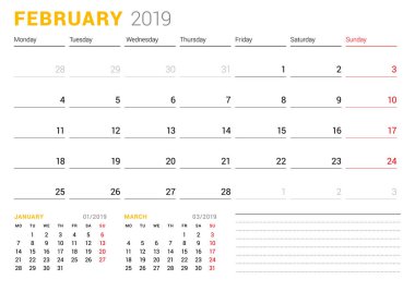 Takvim şablonu Şubat 2019. İş planlayıcısı. İleti örneği tasarımı. Hafta Pazartesi günü başlar. 2 ay sayfasında. Vektör çizim